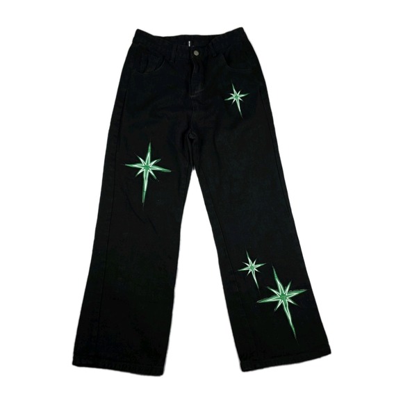 Aelfric Eden Jeans Womens Size Medium Green Stars Black Denim Pants 29x28 - Picture 1 of 10